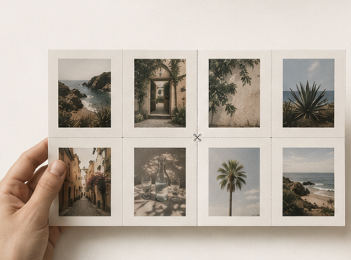 Mano sosteniendo un mini zine desplegado con ocho fotografías impresas en una sola hoja