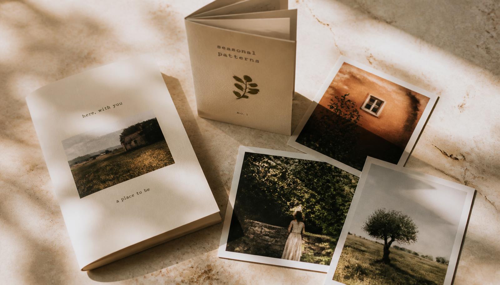 Fotolibro, mini zine y postales impresas en casa, sobre una mesa clara con sombras suaves