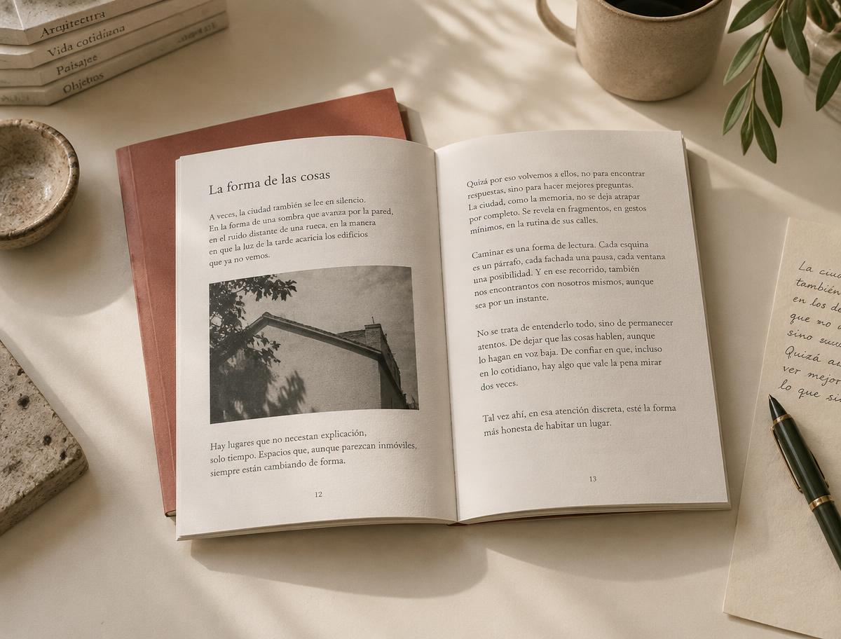 Cuadernillo literario media carta abierto con texto y una fotografía sobre una mesa clara